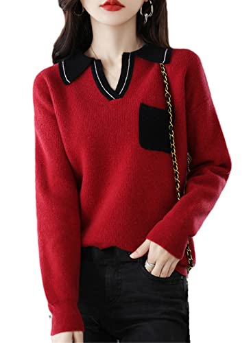 Youllyuu Suéter 100% de cachemira para mujer, cuello vuelto hacia abajo, jersey de punto con bloque de color de jersey con bolsillo, rosso, XL