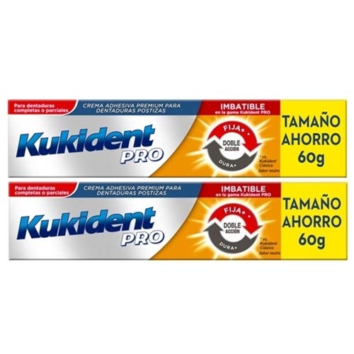 Crema Adhesiva Doble Acción de Kukident compatible |Para Dentaduras Postizas| 60gr,-Pack 2Un.