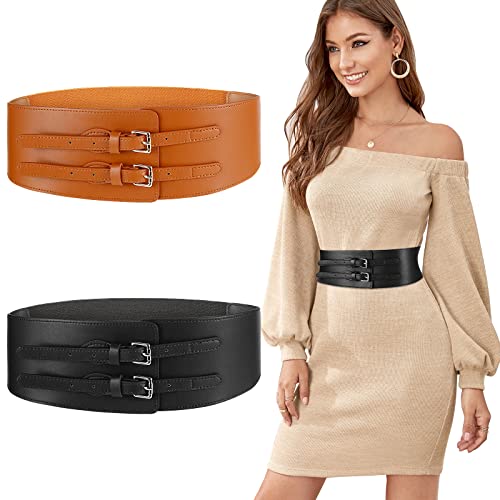 Weinsamkeit 2 Piezas Cinturón Elástico para Mujer, Cinturón de 7,5 cm de Ancho para Vestido, Doble Hebilla Ajustable Cinturón de Moda para Damas para Vestidos