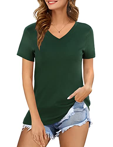 heekpek Camisa Manga Corta Mujer Verano Algodon de Cuello en V Camisa de Túnica T-Shirt Basica Casual Camisa de Mujer, Verde, XXL