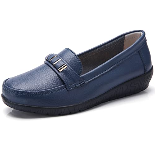 JeathFea Clásico cuero Loafer para mujer casual ligero antideslizante mocasines zapatos planos oficina conducir ir slip on señoras zapatos de loafer, azul oscuro, 39 EU