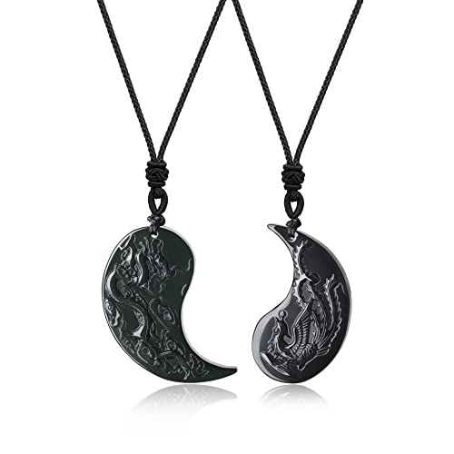 COAI Collares para la Pareja con Colgantes Yin Yang Dragón y Fénix de Obsidiana Negra Piedra Natural