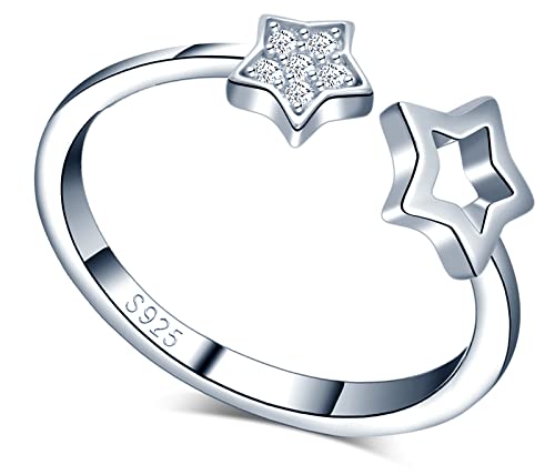 MICGIGI Anillo abierto de plata de ley 925 para mujer, diseño de doble estrella, anillo ajustable con circonita