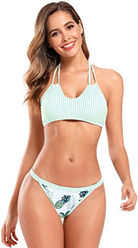 SHEKINI Mujer Traje de Baño Dos Piezas Retro Cuello Alto Acolchada Ajustable Bikini Top Mujer Bañador Bikini Set Impresión Triángulo Parte Inferior de Bikini (M, Verde)