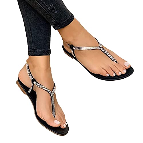 KingbeefLIU Sandalias para mujer, sandalias con diamantes de imitación, separador de dedos, sandalias planas antideslizantes para playa, color negro, 41