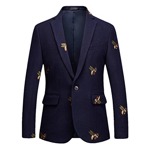 Chaqueta de traje para hombre con bordado de abeja, elegante, casual, ajustada, para hombre, color azul marino, talla 6XL