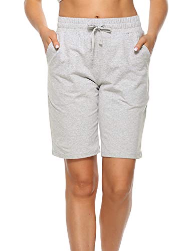 MOCOLY Pantalones Cortos Deportivos Bermudas de algodón para Mujer con Cordón Elástico para Yoga Correr Ejercicio Salón Rodilla Longitud-Gris Claro XL