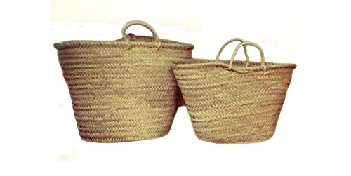 Capazo de Palma, fibras naturales, con Asas Cortas de Pita. Cesto o Bolso de Mimbre para la Playa (9V, Aprox. 48x29 cm)