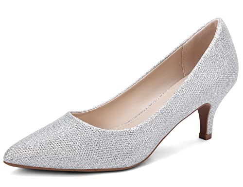 Greatonu - Zapatos de tacón pequeño para Mujer, Zapatos de Mujer con Punta en Pico, Zapatos de tacón de Gatito informales-40-brillo Plateado