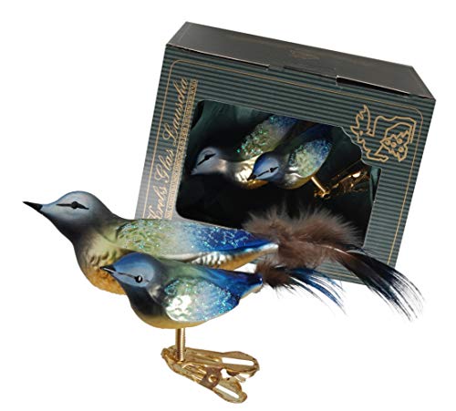 Krebs Glas Lauscha - Decoración de Navidad de cristal - Pájaro sobre clip con pluma - Diseño: timón (pájaros dobles) - Tamaño: 9 cm - Fabricado en Alemania