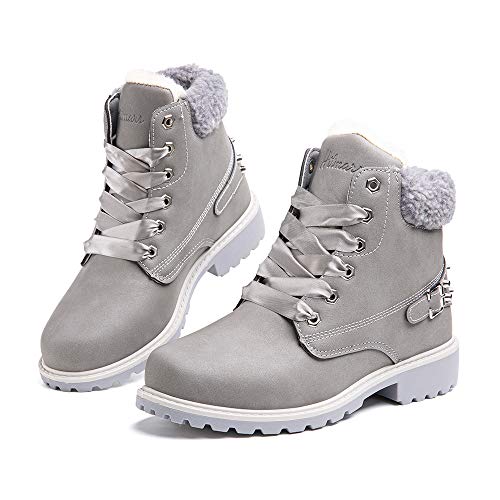 Hitmars Botas Mujer Invierno Botas de Nieve Cálido Zapatos Botines Forradas Planas Snow Boots Antideslizante Calzado Comodos Cordones Gris-1 42 EU