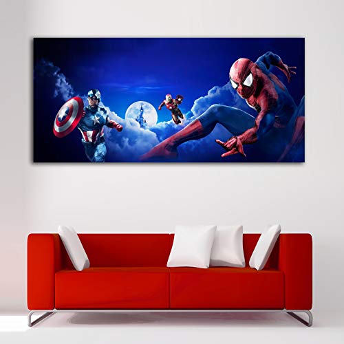 Cuadro Lienzo Spiderman Iron Man Capitan America Efecto Pintura – 60x27 cm - Lienzo de Tela Bastidor de Madera de 3 cm - Impresión en Alta resolución