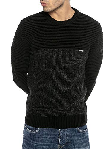 Redbridge Suéter para Hombre Jersey de Punto Sudadera Slim-Fit Cuello Redondo Negro S