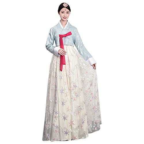 YUDATPG Hanbok,Vestido para mujer, vestido tradicional coreano Hanbok, para mujer, boda, baile, cosplay, disfraz de Halloween, manga larga, traje de palacio (azul blanco, M)