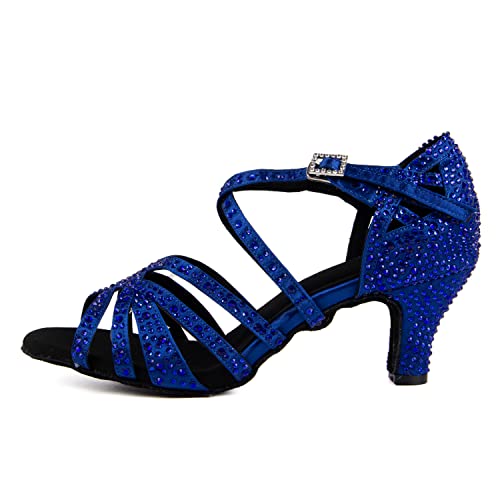 Syrads Zapatos de Baile Latino de salón para Mujer con Diamantes de imitación Salsa Tango Bachata Zapatos de Baile de Interior para Fiesta de Boda graduación,Azul 6cm Heel,39 EU
