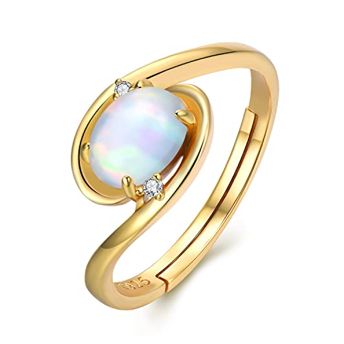 Magic Charms Anillos de piedra de ópalo de oro de plata de ley 925 para mujer, anillo de piedra preciosa de onda ajustable para boda, compromiso, 6