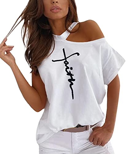 ORANDESIGNE Camiseta con Estampado de Corazones para Mujer Manga Corta sin Hombro Blusas Camisa Suelto Verano Sexy T-Shirt Tops G Blanco XXL