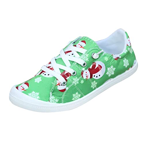Fhtahun Zapatillas de lona casuales con estampado de Navidad para mujer, zapatos planos para caminar otoño primavera con cordones, Green, 6.5 UK