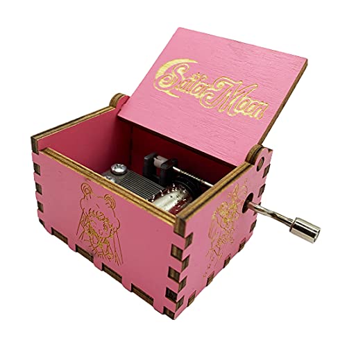Sailor Moon - Caja de música con manivela de mano, caja musical de madera tallada, tamaño mini, reproducción de canción Densetsu de luz de luna, color rosa