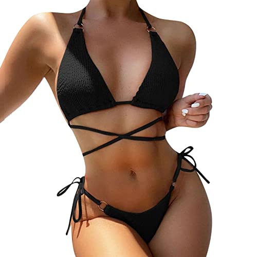 Bikini de cintura alta para mujer de crusscross ajustado, 2 piezas de trajes de baño camisetas para hombres, Negro , S