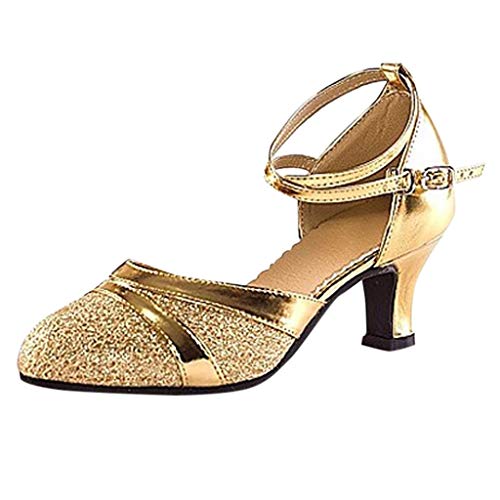 Zapatos de Baile Latino de Tacón Alto/Medio para Mujer Zapatillas de Baile Latino para Adultos Escuela Secundaria Baotou con Zapatos de Fondo Suave (38, Dorado)