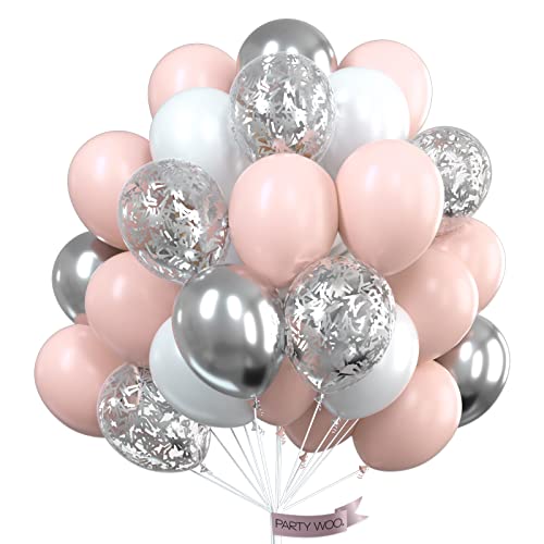 PartyWoo Globos de color rosa y blanco, 60 globos de látex rosa pálido, globos blancos, globos metálicos plateados, globos plateados con purpurina para cumpleaños, bodas rosas y plateadas