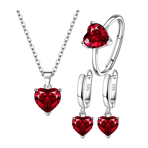 TTPSRY Pendientes de plata Conjunto Aretes Anillos Collar Corazón Pendiente con Cubic Zirconia Brillantes Regalo para la Fiesta de Bodas (Rojo)