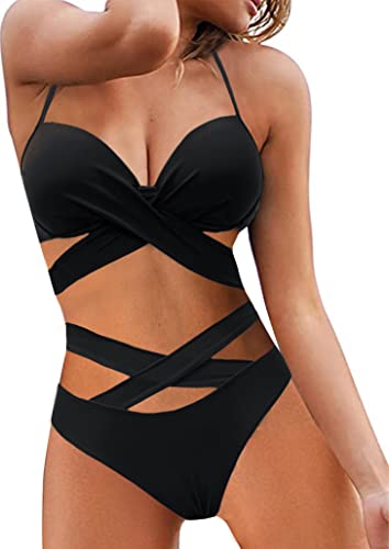 Trajes de Baño Bikinis Brasileño Mujer de Dos Piezas Bañadores Brasileno Doble Frontal Cruzada Traje de Baño Bikini Triangulo Push Up (Negro, XL)