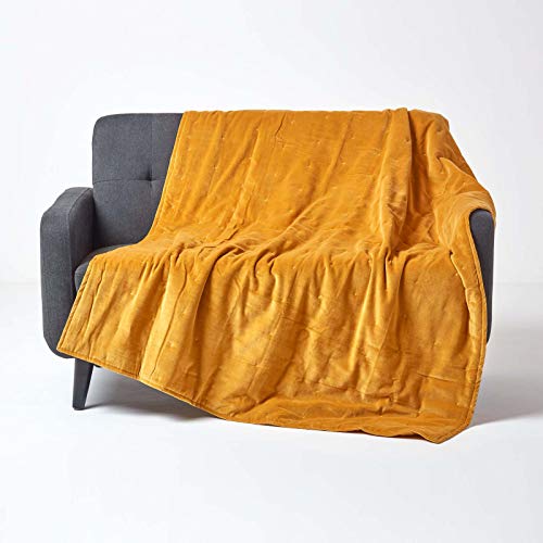 HOMESCAPES Manta, Manta para Cama o sofá de Terciopelo con mechones de algodón Puro, Boutis Liso Amarillo Mostaza, 150 x 200 cm