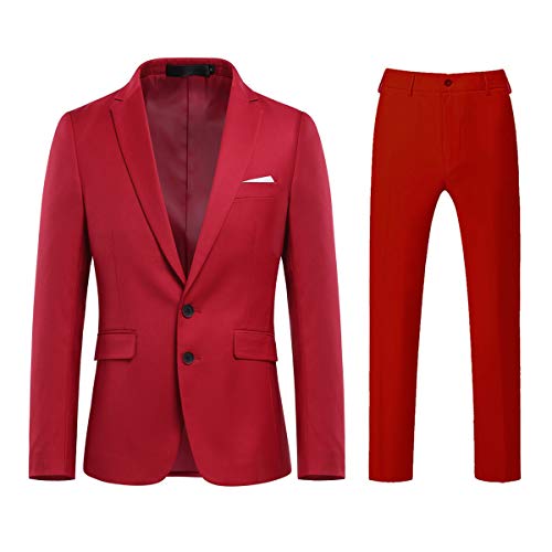 Allthemen Vestido de hombre de 2 piezas de color liso con dos botones de trabajo Business (Blazer + pantalones), rojo, S