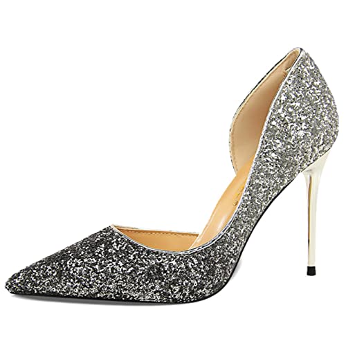 Zapatos de tacón alto para mujer, zapatos de tacón de aguja con punta puntiaguda, zapatos de mujer para fiesta, zapatos de boda, plateado, 9