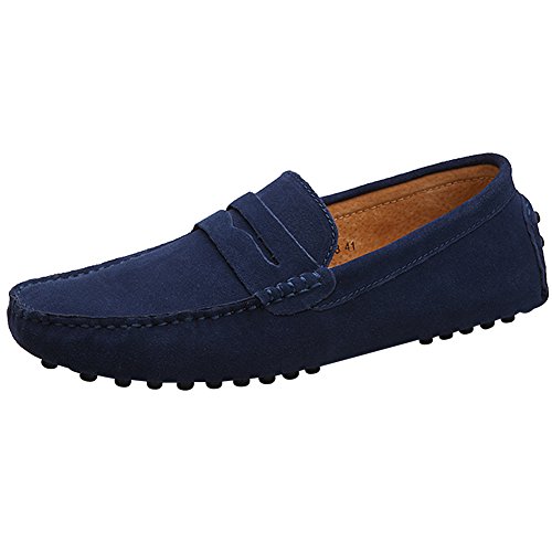 Jamron Hombres Cuero de Gamuza Penny Mocasines Comodidad Zapatos de Conducir Plano Pantuflas Azul Marino 2088 EU44.5