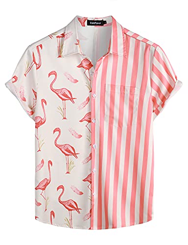 VATPAVE Camisas hawaianas de flamencos para hombre, manga corta, con botones, para verano, playas casuales, Rosado Flamingo, X-Large