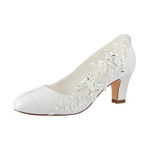 Emily Bridal Zapatos de novia para mujer, zapatos de seda como satén con tacón y decoraciones de encaje con flores, cristales y perlas, beige, 42 EU