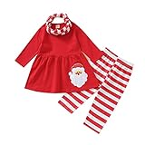 Niñas pequeñas de manga larga de dibujos animados de Navidad Sants Tops pantalones estampados conjuntos de trajes de pañuelo para recién nacidos Trajes Elegantes Boda De Niño (Red, 12-18 Months)