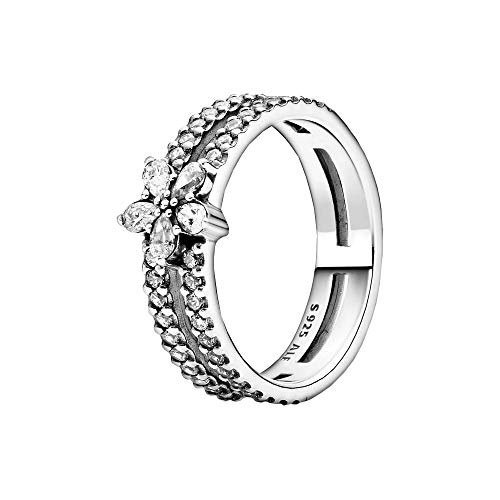 Pandora Copo de nieve brillante anillo doble plata de ley 48, Metal, Circonita cúbica.