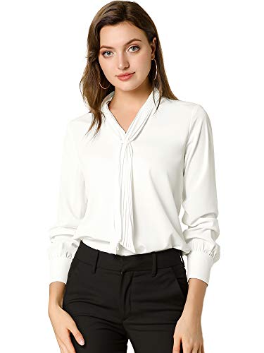 Allegra K Ropa Oficina Mujer Blusa Elegante De Oficina De Trabajo para Mujer, Camisa Plisada con Cuello De Lazo Y Manga Larga Blanco M