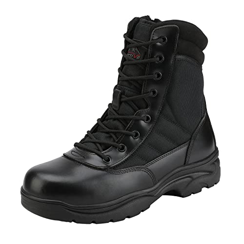 NORTIV 8 Botas de trabajo tácticas militares para hombre, con cremallera lateral, de cuero, botas de combate para motocicleta, Negro -, 46 EU