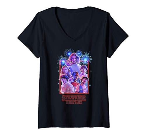 Mujer Netflix Stranger Things Group Shot Fireworks Poster Camiseta Cuello V