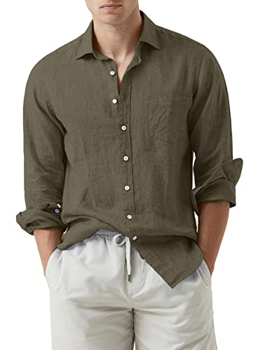 JMIERR Camisas de Lino Casual para Hombre de Manga Larga de Colores Puros básica de Ajuste Regular con Botones de Verano, Ejército Verde L