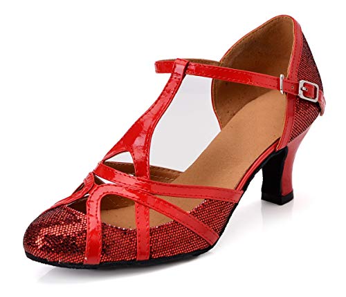 MINITOO Zapatos Baile Mujer Tacón Grueso Brillantes Boda Fiesta Bombas con Tiras QJ6133 Rojo EU 38