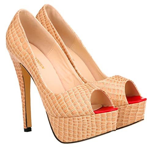 DSFG Zapatos de tacón alto con plataforma, diseño de cocodrilo, color rojo, para bodas, color nude, 8.5