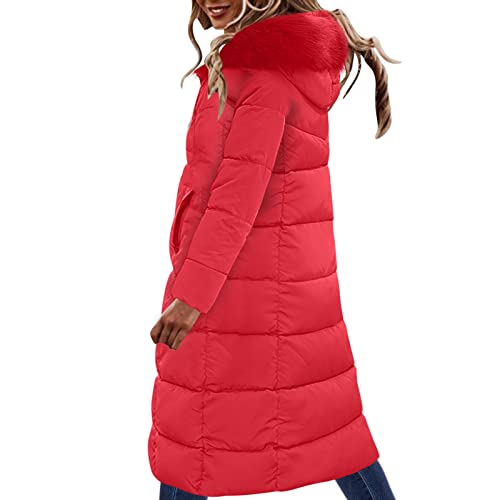 Ghemdilmn Ropa de mujer acolchada de algodón para invierno, cuello grande grueso, tamaño grande, por encima de la rodilla, abrigo largo y delgado, chaqueta para mujer, rojo, L