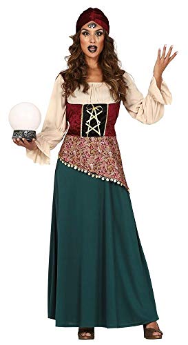 shoperama Zigeunina - Disfraz de mujer Gipsy vestido y turbante de adivinación de magia para mujer (talla S), Verde/Vino/Beige/Oro