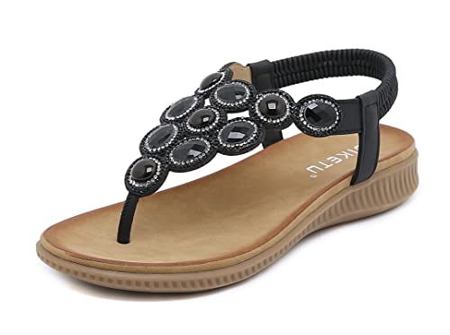SMajong Sandalias Planas Mujer Verano Comodas Bohemio Sandalias de Playa Punta Abierta Clip Toe Pisos Cómodo Casual Zapatos Negro 38 EU