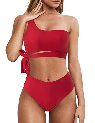 Tuopuda Mujer Conjunto de Bikini Bandeau Push Up Un Hombro y Cintura Alta Control Abdominal Trajes de Baño Atractivo de Dos Piezas Ropa de Playa(Rojo,M)