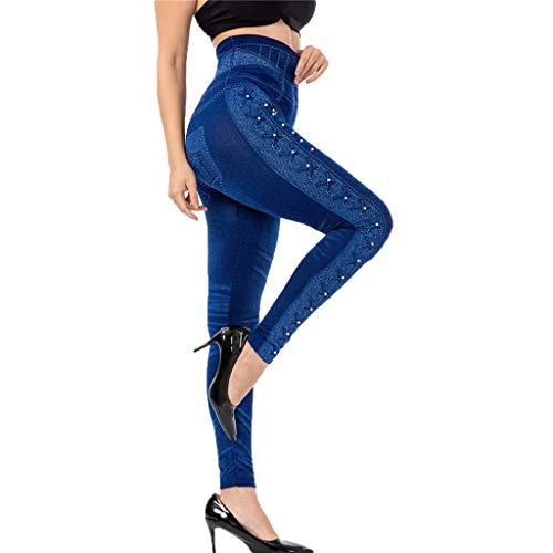 SHOBDW Vaqueros de Simulación Leggings Pantalón Deportivo de Mujer Cintura Alta Delgado Elasticidad Mallas para Fitness Estiramiento Pantalón Cropped Decoración Brillante(Azul,XXXL)