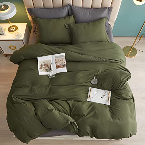 EAVD Juego de ropa de cama de microfibra suave lavada de estilo moderno verde militar con 2 fundas de almohada de color sólido simple verde militar con cierre de cremallera