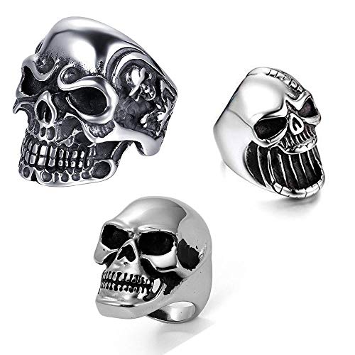 JewelryWe 3 anillos para hombre de acero inoxidable gótico, calavera, abrebotellas, anillo personalizado, color plateado, Acero inoxidable,