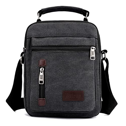A-QMZL Bolso de hombro de lona para hombre, bolso de viaje de gran capacidad, bolso casual con múltiples bolsillos para trabajo, compras, senderismo, uso diario, Black, large